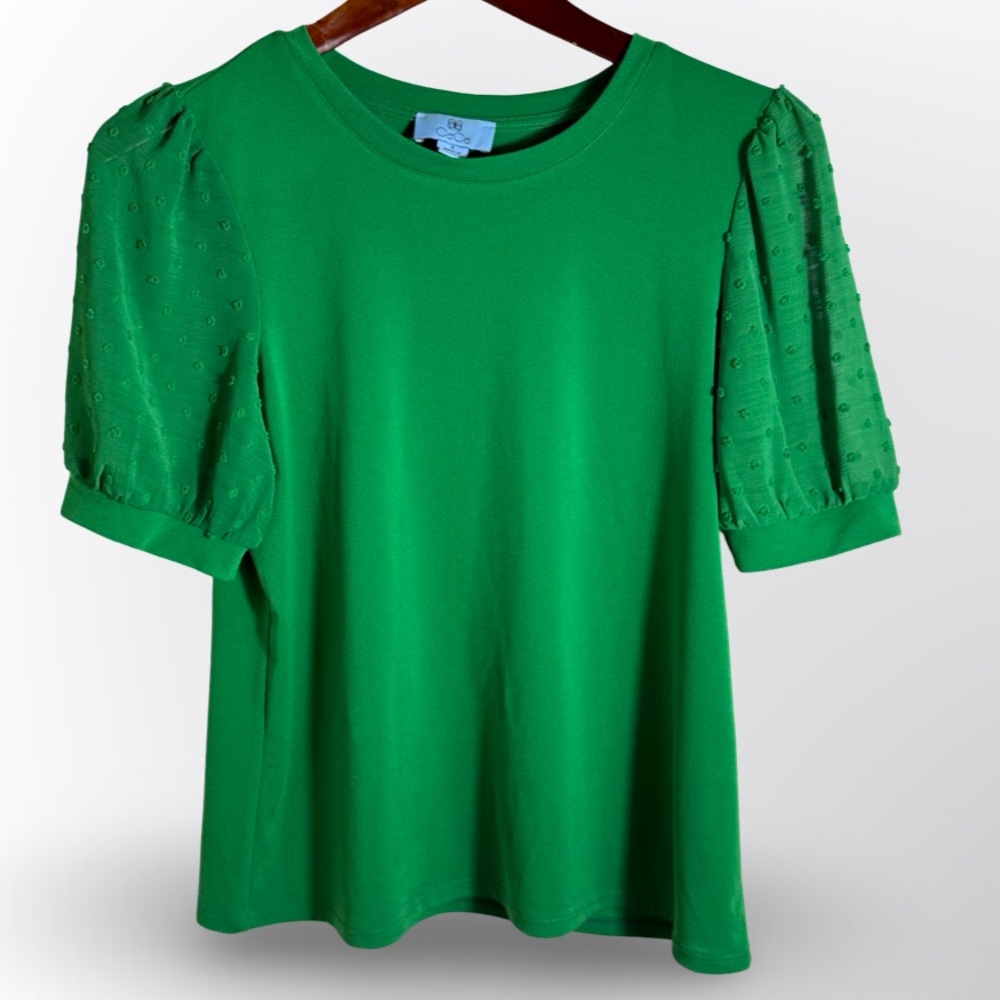 CeCe Green Puff Sleeve Swiss Dot Top Size Small